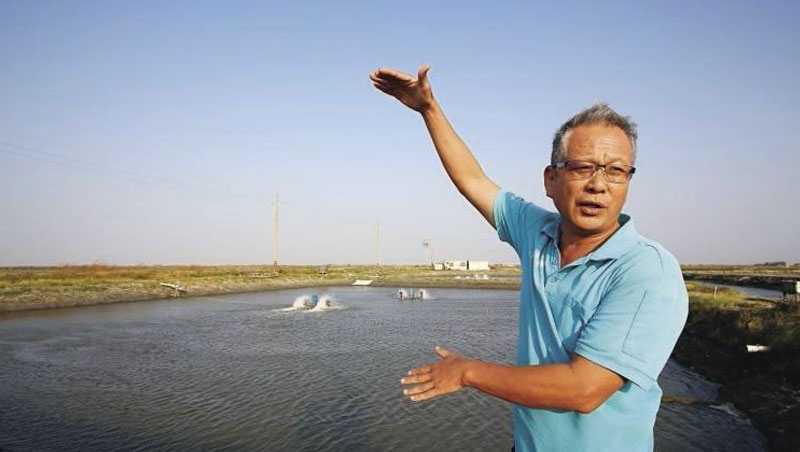 養殖經驗逾30年的七股漁民楊惠欽，站在自己的魚塭前比畫著，以後太陽能板蓋起來，會延伸到水面上，屆時可能不利曬坪，也影響收成的動線。